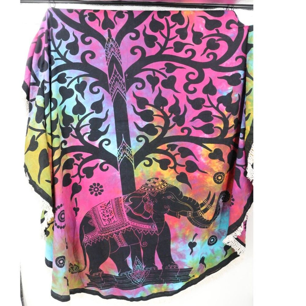 100% Cotton Large Circular Wall Tapestry Tree of Life Elephant Tie Dye Boho